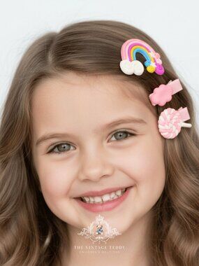 NWT Cute Girls Hair Accessories Rainbow, Cloud & Lollipop Kids Hair Clips Pink